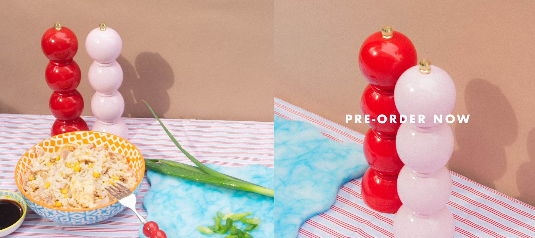 colourful salt and pepper grinders on table